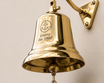 Personalized Solid Brass Ship Dinner  Bell, Nautical Doorbell, Custom Engraved Garden Bell (Rope Pull)