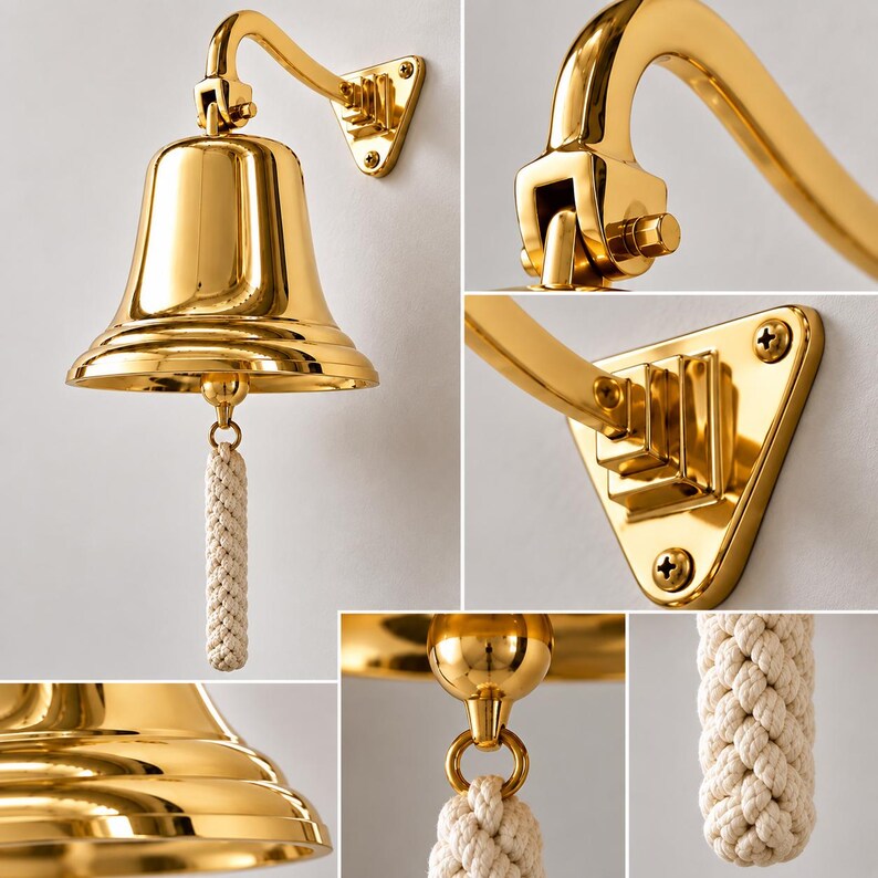 May include: A polished gold-tone wall-mounted bell featuring a curved metal arm and a triangular mounting plate secured with three screws. A thick, braided off-white rope pull hangs from the center of the bell, which has a smooth, reflective surface.