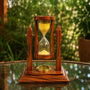 Puede incluir: Un marco de madera giratorio para reloj de arena con un bulbo de vidrio que contiene arena amarilla, montado sobre una base rectangular de madera con una brújula circular de latón incrustada en el centro y herrajes de latón en la unión.