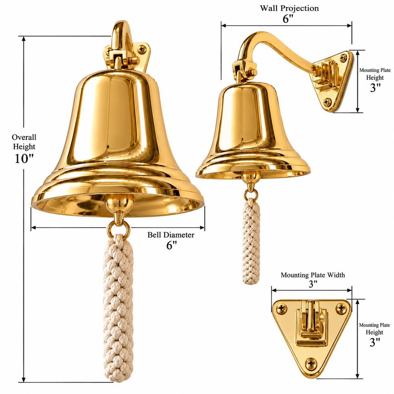 May include: A polished brass wall-mounted bell with a braided rope pull. Dimensions include an overall height of 10 inches, a bell diameter of 6 inches, a wall projection of 6 inches, and a triangular mounting plate measuring 3 inches by 3 inches.