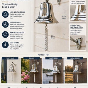 May include: A wall-mounted, polished metal bell with the text "Hoin' Out". The bell is 9.5 inches (24 cm) tall and has a 5.5-inch (14 cm) rope. It features a sturdy wall mount bracket and is designed for indoor or outdoor use.