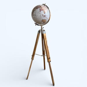 Standglobus | Natürlicher Teakholz Dreibein, moderne Atlaskarte