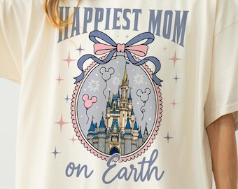 Vintage glücklichste Mutter auf Erden Disney Schloss Shirt, kokette Bogen Mutter T-Shirt, Disney Familienreise passendes Outfit, Muttertagsgeschenkidee für Mutter