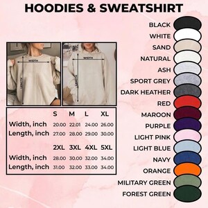 Puede incluir: Imagen de un anuncio de productos de sudaderas con y sin capucha. La imagen muestra una tabla de tallas con medidas en pulgadas (convertidas a cm) y una paleta de colores con opciones como negro, blanco y azul marino. El texto superior dice "Hoodies & Sweatshirt".
