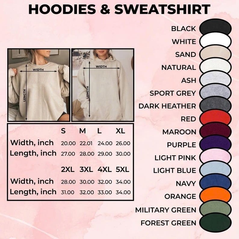 Puede incluir: Imagen de un anuncio de productos de sudaderas con y sin capucha. La imagen muestra una tabla de tallas con medidas en pulgadas (convertidas a cm) y una paleta de colores con opciones como negro, blanco y azul marino. El texto superior dice "Hoodies & Sweatshirt".