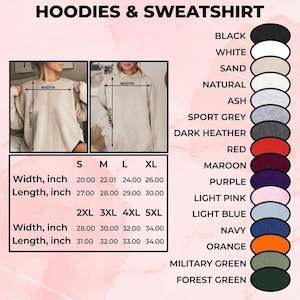 May include: Image of a hoodie and sweatshirt product listing. The image shows a size chart with measurements in inches, and a color palette with options like black, white, and navy. The text at the top says "Hoodies & Sweatshirt."