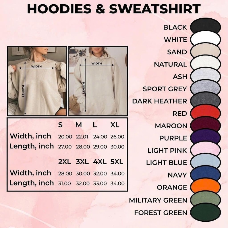 May include: Product listing image for hoodies and sweatshirts. The image includes a size chart with measurements in inches (converted to cm), and a colour palette with options such as black, white, and navy. The text at the top says "Hoodies & Sweatshirt."