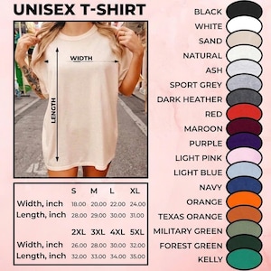 May include: A beige unisex t-shirt with size and colour options. The shirt's width ranges from 45.7 to 81.3 cm, and the length from 71.1 to 88.9 cm. Colour options include black, white, and navy.
