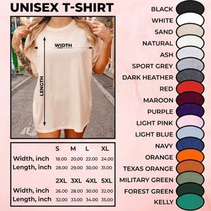 May include: A beige unisex t-shirt with size and color options. The shirt's width ranges from 18 to 32 inches, and the length from 28 to 35 inches. Color options include black, white, and navy.