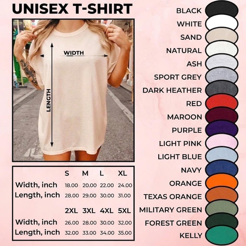 May include: A beige unisex t-shirt with size and color options. The shirt's width ranges from 18 to 32 inches, and the length from 28 to 35 inches. Color options include black, white, and navy.