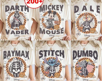 Vintage Disney-figuren skelet geruit Halloween-shirt, Mickey's Not So Scary Halloween-feest, Mickey en vrienden Toy Story Chip Dale
