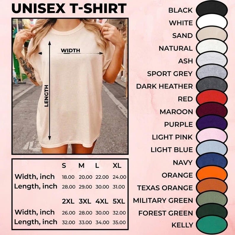 Puede incluir: Camiseta unisex beige con opciones de tallas y colores. El ancho de la camiseta var&iacute;a de 45,7 a 81,3 cm, y el largo de 71,1 a 88,9 cm. Las opciones de color incluyen negro, blanco y azul marino.