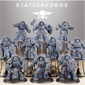 May include: A set of nine unpainted gray resin miniature figures from StationForge, each wearing heavy tactical armor with helmets, some holding hammers or shields with skull emblems, standing on circular black bases in a grid formation.