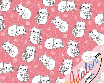 May include: A repeating pattern of white cartoon cats on a pink background. The cats are in various poses, some sitting, some lying down, and some with their paws up. The background has a pattern of white dots, lines, and triangles.