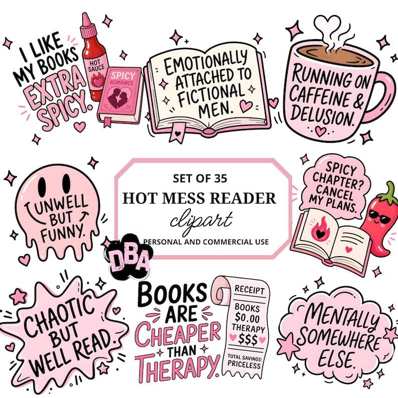 Hot Mess Reader Clipart | 35 BookTok-citat | Smutty Book Club | Spicy Book Lover bild 1