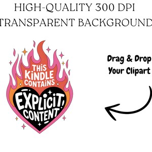 May include: A graphic design featuring a heart-shaped design with the text "EXPLICIT CONTENT" in a black heart, surrounded by flames and stars. The text "THIS KINDLE CONTAINS" is above the heart. The image also includes the text "Drag & Drop Your Clipart".