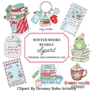 May include: A collection of winter-themed clipart illustrations. Includes stacks of books, a candle, a mug of hot chocolate, a frog on books, a keychain, and guest check designs. The text includes "Winter Books Bundle" and "Freezin' readin' season."