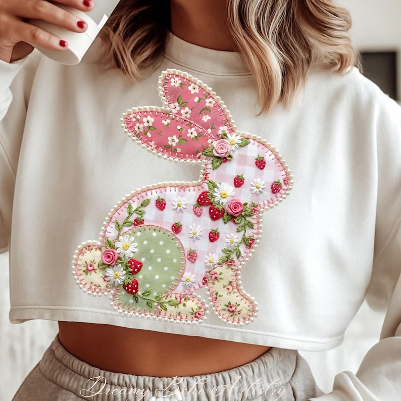 May include: Cream-colored cropped sweatshirt featuring a decorative bunny design. The bunny is adorned with pink floral fabric, strawberries, daisies, and a gingham pattern. The design is embellished with pearls and floral accents, creating a charming, spring-themed aesthetic.