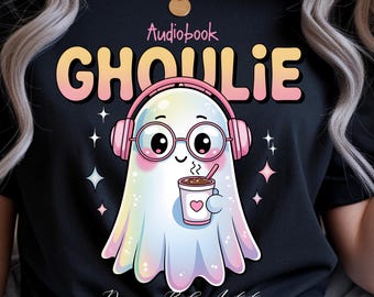 Audiobook Ghoulie PNG | Design fofo de fones de ouvido de fantasma | Sublimação para Clube de Audiolivros para Amantes de Livros