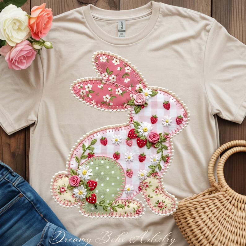 May include: A beige t-shirt featuring a decorative bunny design. The bunny is made of various patterned fabrics, including pink floral, gingham, and green polka dots, with embroidered details, strawberries, and daisies. The text "Dreamy Boho Artistry" is at the bottom.
