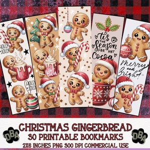 May include: A collection of five rectangular bookmarks featuring cartoon gingerbread characters wearing Santa hats. The designs include gingerbread people with candy canes, ornaments, and mugs of hot cocoa, with text reading 'Holly Jolly', 'Tis the season for hot cocoa', and 'Merry and Bright'.