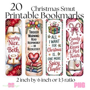 Peut inclure: Ensemble de 20 marque-pages imprimables sur le thème de Noël. Chaque marque-page mesure 5,08 cm sur 15,24 cm. Les motifs comprennent du texte festif et des illustrations, comme des cœurs, des livres et des cannes en bonbon. Le ratio est de 1:3.