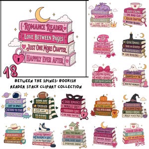 May include: A collection of 18 digital illustrations featuring stacks of books with various thematic titles and decorative icons like hearts, moons, ghosts, and pumpkins. Each stack displays unique text on the spines, showcasing diverse genres.