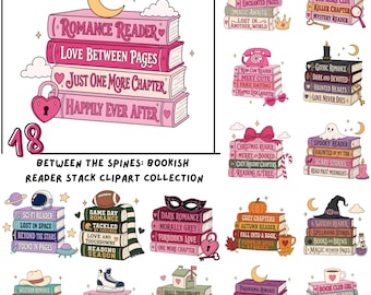May include: A collection of 18 digital illustrations featuring stacks of books with various thematic titles and decorative icons like hearts, moons, ghosts, and pumpkins. Each stack displays unique text on the spines, showcasing diverse genres.