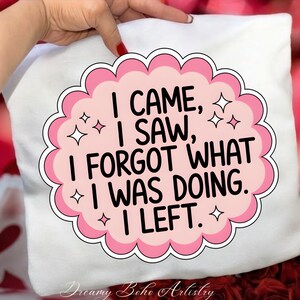 May include: White pillow with a pink and white graphic that reads "I CAME, I SAW, I FORGOT WHAT I WAS DOING. I LEFT." The design includes a scalloped border and star accents. The words "Dreamy Boho Artistry" are at the bottom.
