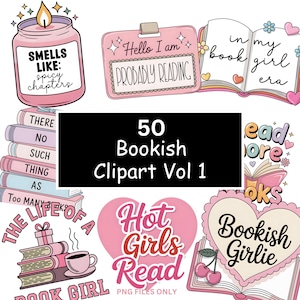 May include: A set of 50 bookish clipart images. Features a candle with text, a name tag that says "Probably Reading", an open book with text, and other book-themed graphics in pink and white.