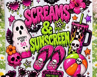 Puede incluir: Un cuadrado de tela blanca con un estampado gráfico vibrante con el texto SCREAMS & SUNSCREEN, un bote de protector solar con forma de fantasma etiquetado SPOOKY SPF 50, chanclas rosas con motivos de calaveras, una pelota de playa, gafas y flores.
