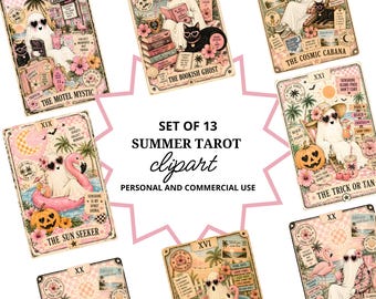 Puede incluir: Un conjunto de 13 ilustraciones de cartas de tarot con temática veraniega que muestran fantasmas con gafas de sol en forma de corazón, palmeras, flamencos y motivos tropicales. El texto central dice: SET OF 13 SUMMER TAROT clipart.