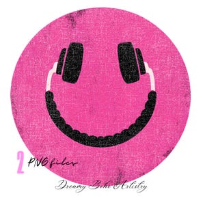 Headphones smile face png music lover png pink smile face Distressed Smile face spring smile face Sublimation Retro Smiley Png sublimation