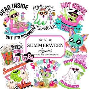 Może przedstawiać: Kolekcja 30 grafik Summerween. Projekty przedstawiają upiorne postacie, takie jak szkielety, duchy i nietoperze, z motywami letnimi i Halloween. Paleta kolorów obejmuje róż, zieleń i pomarańcz.