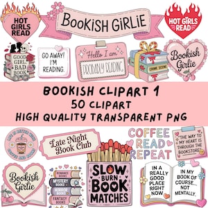 May include: A collection of pink-themed digital illustrations featuring books, hearts, and text including Bookish Girlie, Probably Reading, and Slow Burn Book Matches. The graphics incorporate various motifs like coffee cups, matchsticks, and stacks of books.