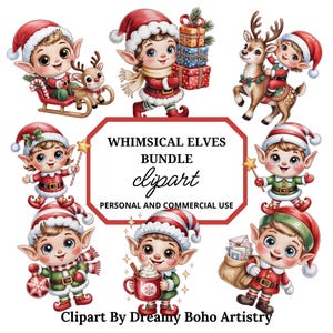May include: A collection of whimsical elf clipart illustrations. The elves are depicted in festive outfits, including red and green jackets and hats, and are holding gifts, a star wand, and a mug of hot cocoa. The text reads "Whimsical Elves Bundle Clipart".