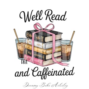 Diseño de sublimación PNG para camisetas, ideal para amantes de los libros y el café, bibliotecarios y profesores.