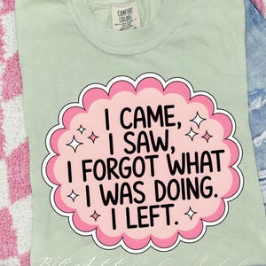 May include: A light green t-shirt with a round neckline. The shirt features a pink cloud-shaped graphic with the text "I CAME, I SAW, I FORGOT WHAT I WAS DOING. I LEFT." and star accents. The shirt is made of a soft material.