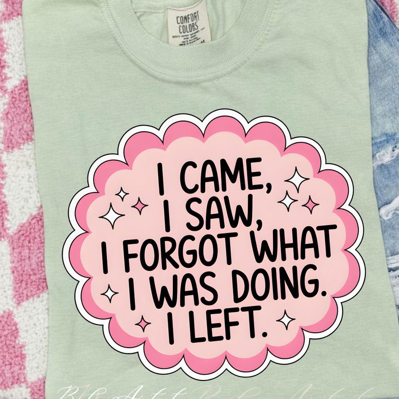 May include: A light green t-shirt with a round neckline. The shirt features a pink cloud-shaped graphic with the text "I CAME, I SAW, I FORGOT WHAT I WAS DOING. I LEFT." and star accents. The shirt is made of a soft material.