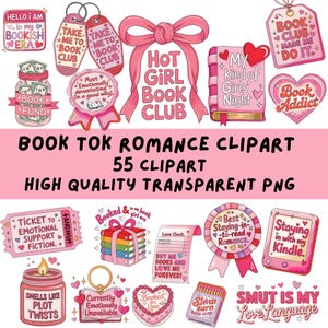 Op de afbeelding: Een verzameling digitale illustraties in roze tinten met boeken als thema, waaronder een pot met het label Book Fund, een strik met de tekst Hot Girl Book Club, een kaars met de tekst Smells Like Plot Twists en diverse hartvormige stickers.