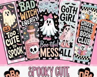 20 Halloween Bookmarks Printable, Spooky Girly Ghost Bat Skeleton Digital Download
