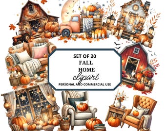 Watercolor CU  Fall Clip Art, Clipart Png, Watercolor Autumn Clipart, Fall Home Clipart, Autumn Wall Art, Digital Fall Home, Barn Clipart