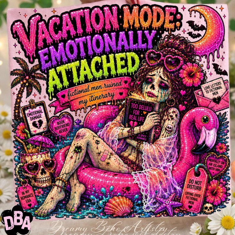 Puede incluir: Camiseta rosa con la frase "VACATION MODE: EMOTIONALLY ATTACHED" en una fuente colorida y goteante. El gr&aacute;fico presenta a una mujer en un flotador de flamenco, rodeada de elementos tropicales y rom&aacute;nticos.