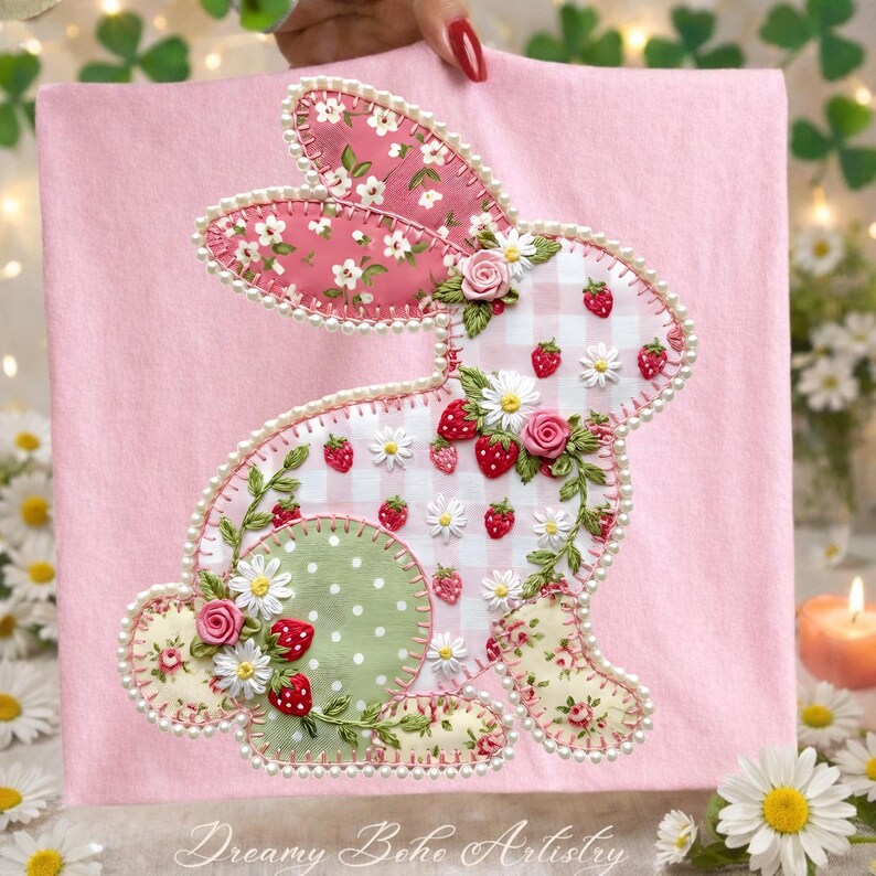 May include: A pink fabric bunny applique with floral and strawberry details. The bunny features pink and white gingham, floral, and polka dot patterns, accented with pearls and embroidery. The text "Dreamy Boho Artistry" is at the bottom.