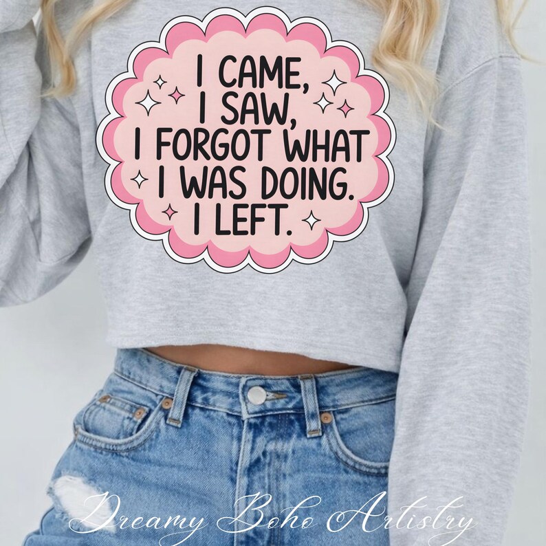 May include: A light gray sweatshirt with a pink and white graphic that reads "I CAME, I SAW, I FORGOT WHAT I WAS DOING. I LEFT." The graphic is surrounded by a pink cloud-shaped border with star accents. The bottom of the image shows blue denim jeans.