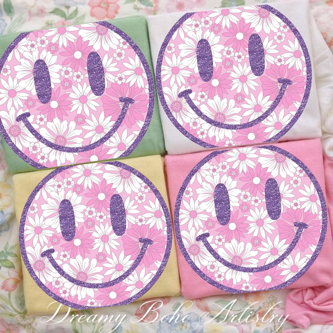 Floral Smiley Face PNG | Retro Flower Smile Clipart | Pink Purple ...