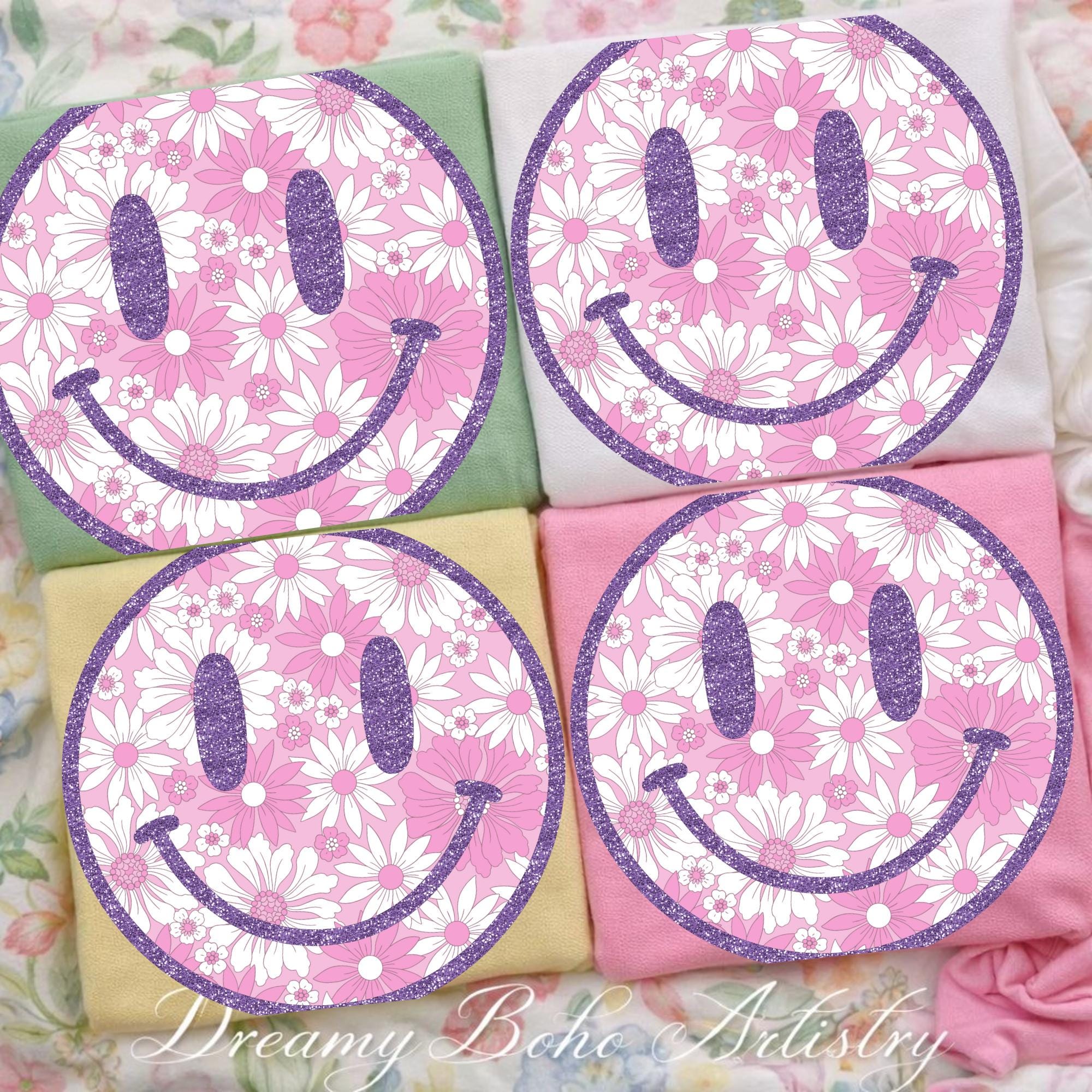 Floral Smiley Face PNG | Retro Flower Smile Clipart | Pink Purple ...