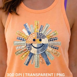 May include: Orange tank top featuring a patchwork sun design. The sun has a smiling face and is made of various fabric patterns in blue, yellow, and floral prints. The text "300 DPI | TRANSPARENT | PNG" is at the bottom.