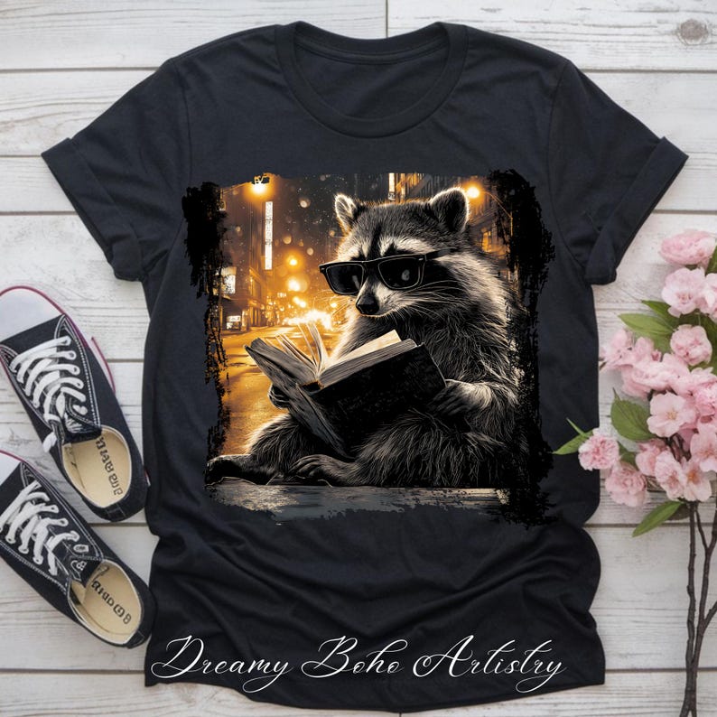 May include: Black t-shirt featuring a raccoon wearing sunglasses and reading a book. The raccoon is set against a blurred city background with streetlights. The text "Dreamy Boho Artistry" is at the bottom of the shirt. Black canvas sneakers are on the left.
