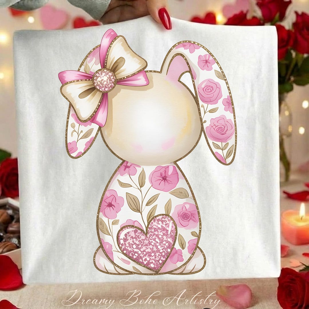 Floral Bunny PNG | Pink Easter Rabbit Sublimation | Glitter Heart ...